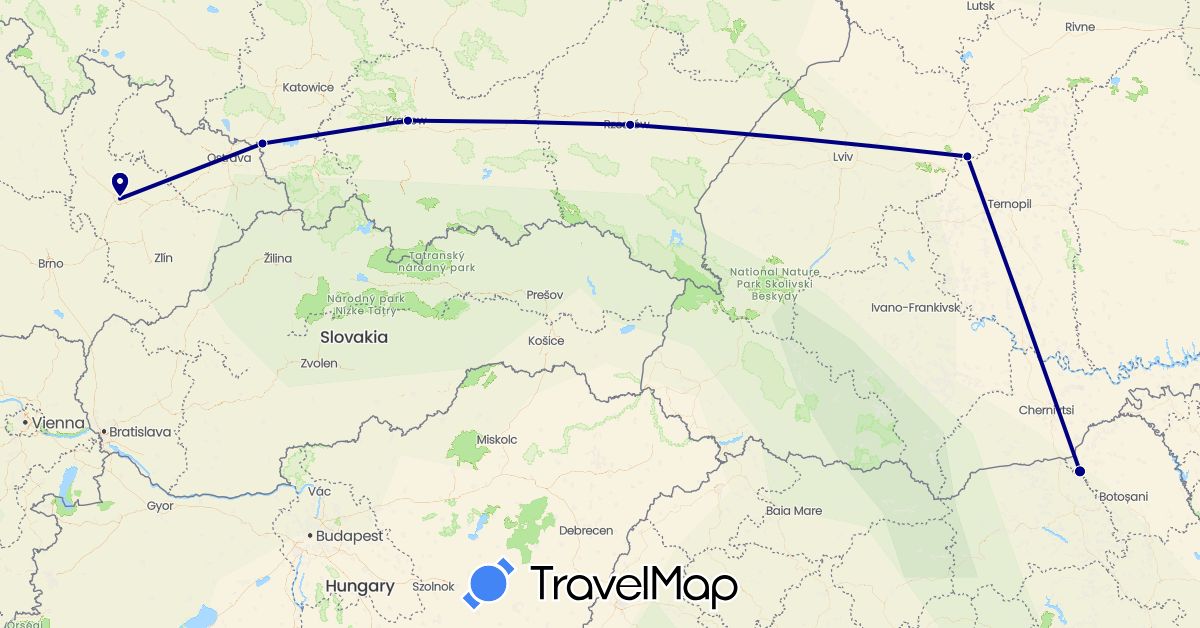 TravelMap itinerary: driving in Czech Republic, Poland, Romania, Ukraine (Europe)